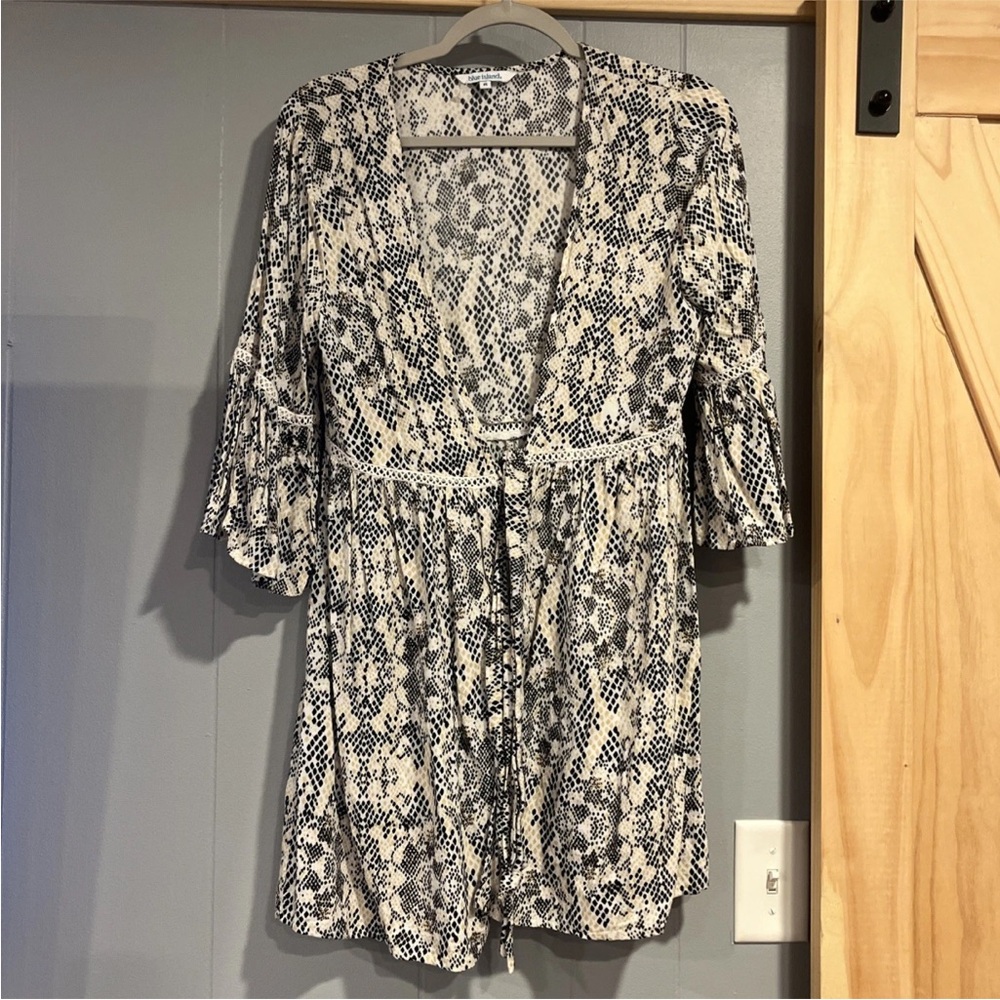 Blue Island Medium Black  White Animal Print Swim Cover Up Caftan Kimono Tie